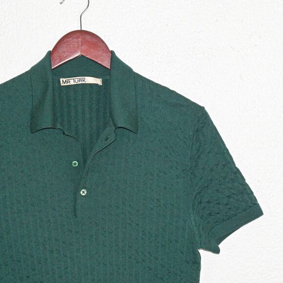 MR TURK Men's Knit Polo Shirt Merino wool Green fits size Small - Picture 3 of 6